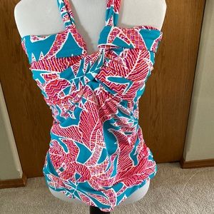 Tankini top in teal,pink, orange print has a long torso Size 12